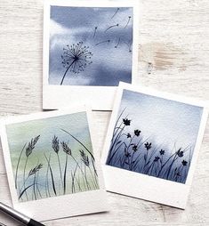 three watercolor paintings of dandelions and blue sky on white paper with black ink