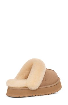 This comfy, water-resistant suede slipper is trimmed and lined with genuine shearling. 1 1/2" platform (size 9) Water-resistant Slight dye transfer may occur with darker colors during first few wears Genuine-shearling upper and lining/synthetic sole Shearling may be sourced from Australia, Ireland, Spain, the UK or the USA. See packaging for confirmed country of origin Imported Women's Shoes Uggs Platform Slippers, Ugs Slippers, Shoes For The Fall, Cute Shoes Preppy, Ugh Disquette Slipper, Uggs Slippers Tasman, Ugh Slipper, Platform Ugg Slippers, Preppy Slippers