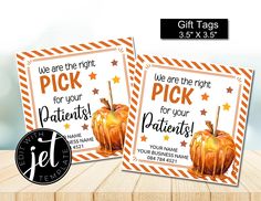 two pumpkins with the words pick for your patients on them, and an orange striped background