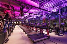 an indoor gym with rows of treadmills and purple lighting