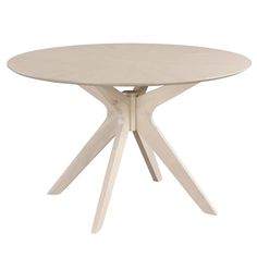 a white table with two wooden legs and a round top, on a white background