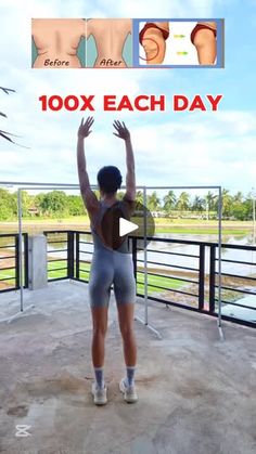 a woman standing on top of a balcony next to a sign that says 100x each day