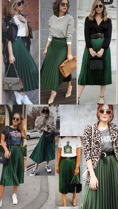 Green Skirt Work Outfit, Bottomless Brunch Outfit Ideas, Green Skirt Outfit Ideas, Green Skirt Outfits, Home Wear Women Summer, Green Pleated Skirt, Rok Outfit, Pleated Skirt Outfit, Mode Kimono