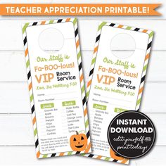 two halloween door hangers with the words, teacher appreciation printables on them