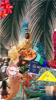 the collage is made up of many different items and colors, including palm trees