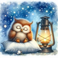 an owl is sitting on a pillow next to a lantern and a star filled sky