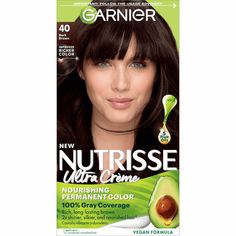 Garnier Nutrisse Nourishing Hair Color Creme, 040 Dark Brown Dark Chocolate, Experience the nourishing color treatment that gives you healthy-looking color that really lasts. The exclusive color treatment, enriched with conditioners and fruit-oil concentrate, penetrates into the hair fibers to nourish deep down while delivering rich, long lasting color. Unique avocado enriched conditioner that harnesses the restorative properties of avocado oil and vitamin E. It nourishes hair and protects again Black Brown Hair Color, Brown Black Hair Color, Garnier Hair Color, Grey Hair Coverage, Black Brown Hair, Korean Hair Color, Color Conditioner, Brown Hair Dye, Chocolate Brown Hair