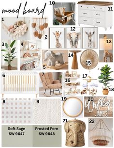 the mood board is full of neutrals and whites for this nursery room decor project