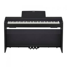 a black piano sitting on top of a white background with the keyboard in front of it