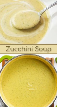 two pictures showing how to make zucchini soup