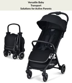 the baby stroller is black and has two wheels on each side, with an attached seat