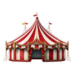 a red and white striped circus tent with flags on it's roof, isolated against a white background