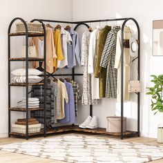 PRICES MAY VARY. Look no further than our Ideal Garment Rack, the ultimate solution for all your storage needs! - This free-standing closet organizer with a sleek and modern design has all the features you need to keep your home clean and organized. With a perfect combination of clothes hanging rods, shoe racks, and storage shelves, this garment rack provides ample space-saving storage options, giving you more room to decorate and enjoy your home. Featuring a smart L-shaped corner design, our cl Corner Closet Organizer, Standing Closet, Corner Closet, Rolling Clothes Rack, Closet Rack, Metal Clothes Rack, Open Wardrobe, Open Closet, Clothes Hanging