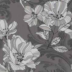 a wallpaper with flowers and leaves on the back ground, in grey tones that are very similar to other floral designs