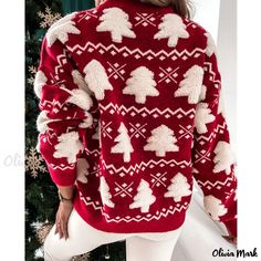 Olivia Mark - Winter Knitwear: Christmas-themed Half Turtleneck Sweater with Embroidered Long Sleeves and Festive Jacquard Pattern Casual Christmas Crew Neck Cardigan, Casual Christmas Sweater With Embroidery, Christmas Long Sleeve Outerwear, Festive Long Sleeve Christmas Sweater, White Long Sleeve Outerwear For Christmas, Holiday Sweater With Fair Isle Pattern, Long Sleeve Christmas Cardigan, Holiday Embroidered Tops For Fall, Festive Long Sleeve Winter Outerwear