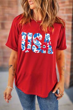 Vintage Crew Neck Tops For 4th Of July, Red Letter Print Shirt For Summer, Retro Short Sleeve Tops For 4th Of July, Red Letter Print T-shirt For Spring, Red Crew Neck Top With Print, Red Crew Neck Printed Top, Vintage Tops For 4th Of July, Vintage Cotton Tops For 4th Of July, Trendy Red Printed T-shirt