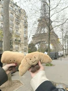 someone holding a teddy bear in front of the eiffel tower