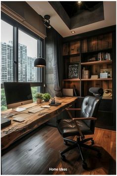 an office with a desk, chair and large window overlooking the cityscape is pictured in this image