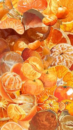 an image of oranges and other fruit that are mixed in with each other to make a painting