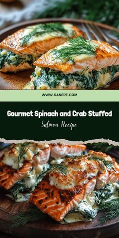 grilled salmon with spinach and crab stuffed shells on a wooden platter, surrounded by fresh herbs