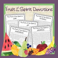 fruit of the spirit devotions with fruits and berries on it, including watermelon