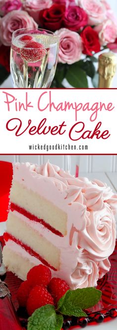 pink champagne velvet cake with raspberries and roses on the side, next to a glass of wine