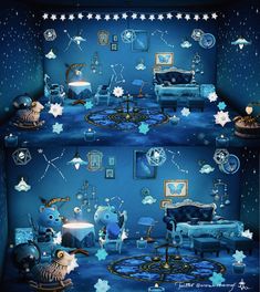 a blue room filled with furniture and snowflakes