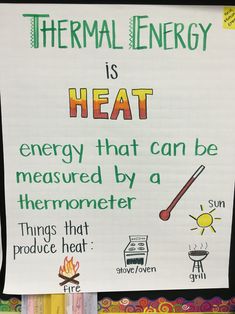 a sign that says thermal energy is heat and has pictures of different things on it