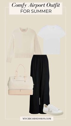 Comfy Airport Outfits to Elevate Your Summer Travel Wardrobe - MY CHIC OBSESSION Classy Airport Outfit, Long Flight Outfit, Comfy Airport Outfit, Airport Outfit Summer, Flight Outfit, Casual Luxe