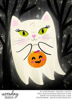 a white cat with green eyes holding a jack o lantern