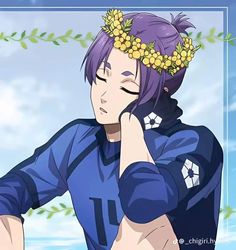 a man with purple hair wearing a blue shirt and a wreath of flowers on his head