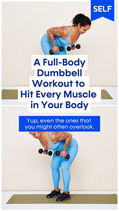 a woman doing dumbbell exercises with the words, full body dumbbell workout to hit every muscle in your body