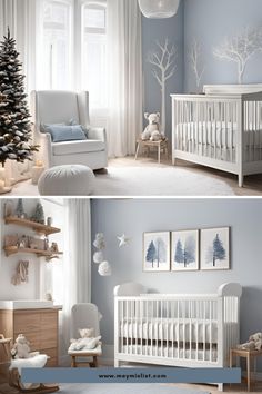 two pictures of a baby's room with blue walls and white furniture in it