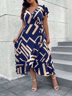 Plus Size Summer Elegant Geometric Print Ruffle Tie Wrap Dress Maxi Women Outfit Navy Blue Casual  Short Sleeve Woven Fabric Random Print A Line Non-Stretch  Women Plus Clothing, size features are:Bust: ,Length: ,Sleeve Length: Navy Outfit, Vestido Plus Size, Summer Elegant, Tie Wrap, Sleeveless Bodycon Dress, Printed Wrap Dresses, Printed Shirt Dress, Ruffle Hem Dress, Plus Size Summer