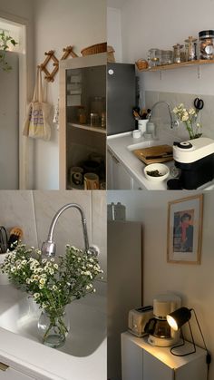 three pictures of kitchen and living areas with flowers in vases on the sink counter