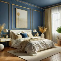 a bedroom with blue walls and white bedding