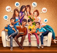 a group of people sitting on top of a couch with social media icons above them