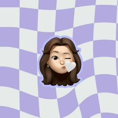 a girl with a heart on her nose looking up at the sky and checkered background