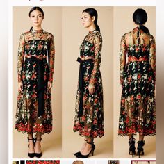 Gorgeous Vone Floral Midi Dress Fall Evening Dress With Floral Embroidery, Designer Floral Print Party Dress, Designer Maxi Dress For Spring, Orange Long Sleeve Dress With Floral Embroidery, Orange Dress For Garden Party In Fall, Orange Dress For Fall Garden Party, Orange Floral Embroidered Party Dress, Designer Spring Party Midi Dress, Designer Spring Midi Dress For Party