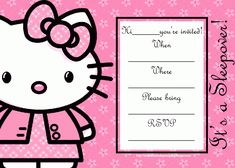 a hello kitty birthday party with pink and white flowers on the background, it's time to celebrate