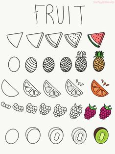 Doodling Ideas For Beginners, Fruits Doodle Drawings, How To Draw Watermelon Step By Step, Doodle How To Draw, How To Draw A Raspberry, How To Draw A Pineapple Step By Step, Cute Fruit Drawings Easy, How To Draw A Orange