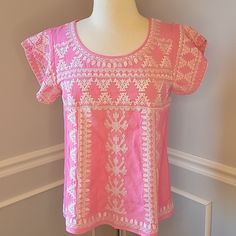 New Liza Byrd Pink Split Sleeve Embroidered Top Size S Beautiful Embroidery Detailing Perfect For Summer Please See Pictures For Measurements Feel Free To Ask Questions Or Make A Reasonable Offer Please Review Pictures As They Are Part Of The Description Check Out My Closet For Additional Women's Items From Lilly Pulitzer, Vera Bradley, Kate Spade And More Preppy, Pretty, Embroidered, Summer, Casual, Classy, Boutique Fitted Short Sleeve Top With Embroidered Hem, Fitted Short Sleeve Embroidered Top, Casual Fitted Embroidered Top With Intricate Embroidery, Fitted Casual Top With Intricate Embroidery, Fitted Casual Embroidered Top With Intricate Embroidery, Spring Fitted Embroidered Top With Geometric Design, Spring Fitted Top With Geometric Embroidery, Fitted Embroidered Top With Geometric Design For Spring, Spring Embroidered Top With Geometric Embroidery