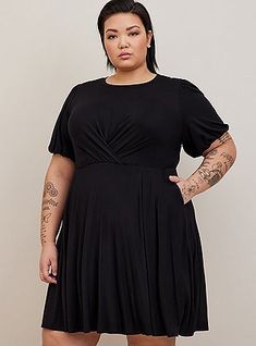 Mini Super Soft Balloon Sleeve Aline Dress, DEEP BLACK Spring Cardigans, Body Stretch, Skater Dresses, Jaclyn Smith, Aline Dress, Dress Images, Torrid Dresses, Boat Neckline, Deep Black