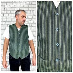 Green mens vest mens striped vest XL wedding vest mens boho vest mens waistcoat vest suit Vest Sleeveless Jacket  30% wool 11B height of the men in the photo - 187 cm Please refer to photos for details of condition.  Condition: used, signs of age and wear see pictures Measurements:  Length: 68 cm/ 26.8" Bust: 110 cm/ 43.3" Waist 107 cm/ 42 "  Size  XL note The color on the pictures may vary due to monitor settings and light reflections. Ready to ship Please do not hesitate to contact with me for Slim Fit Sleeveless Vest For Spring, Spring Slim Fit Sleeveless Vest, Winter Slim Fit Sleeveless Vest, Slim Fit Sleeveless Winter Vest, Slim Fit Sleeveless Vest For Fall, Tailored Vest With Buttons For Summer, Casual Tailored Vest With Pockets, Tailored Casual Vest For Fall, Tailored Summer Vest With Buttons