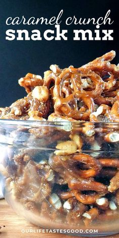 caramel crunch snack mix in a glass bowl on a wooden table with text overlay