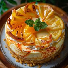 a cake decorated with orange slices and mint leaves