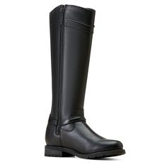 Style number: 10047040. Black leather boots. 16" shaft height. DRYShield™ waterproof construction keeps you dry in wet environments. Duratread™ sole is extremely durable while still letting your foot flex. ATS® technology provides ergonomic support on uneven terrain. Removable All Day Cushioning insole. Full-length elasticized panel. Equestrian inspired hardware. Not approved for riding. Full zipper on side. Round toe shape. 1" heel height. Equestrian Design, Black B, Waterproof Boots, Black Leather Boots, Black Fits, Country Life, Leather Working, Full Grain Leather, Women's Style