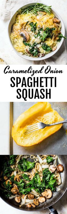 two pictures with different types of food in them and the words, scrambled egg omelet spaghetti squash