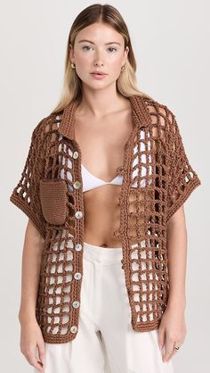 Nia Thomas Sessa Shirt | Shopbop Brown Cotton Crochet Top For Vacation, Bohemian Cotton Crochet Top With Short Sleeves, Casual Summer Crochet Top With Buttons, Casual Brown Crochet Cotton Top, Casual Brown Cotton Crochet Top, Tawny Brown, Crochet Collar, Medical Problems, Mother Of Pearl Buttons