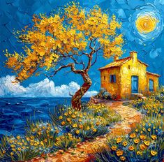 an oil painting of a house by the ocean with a tree in front of it